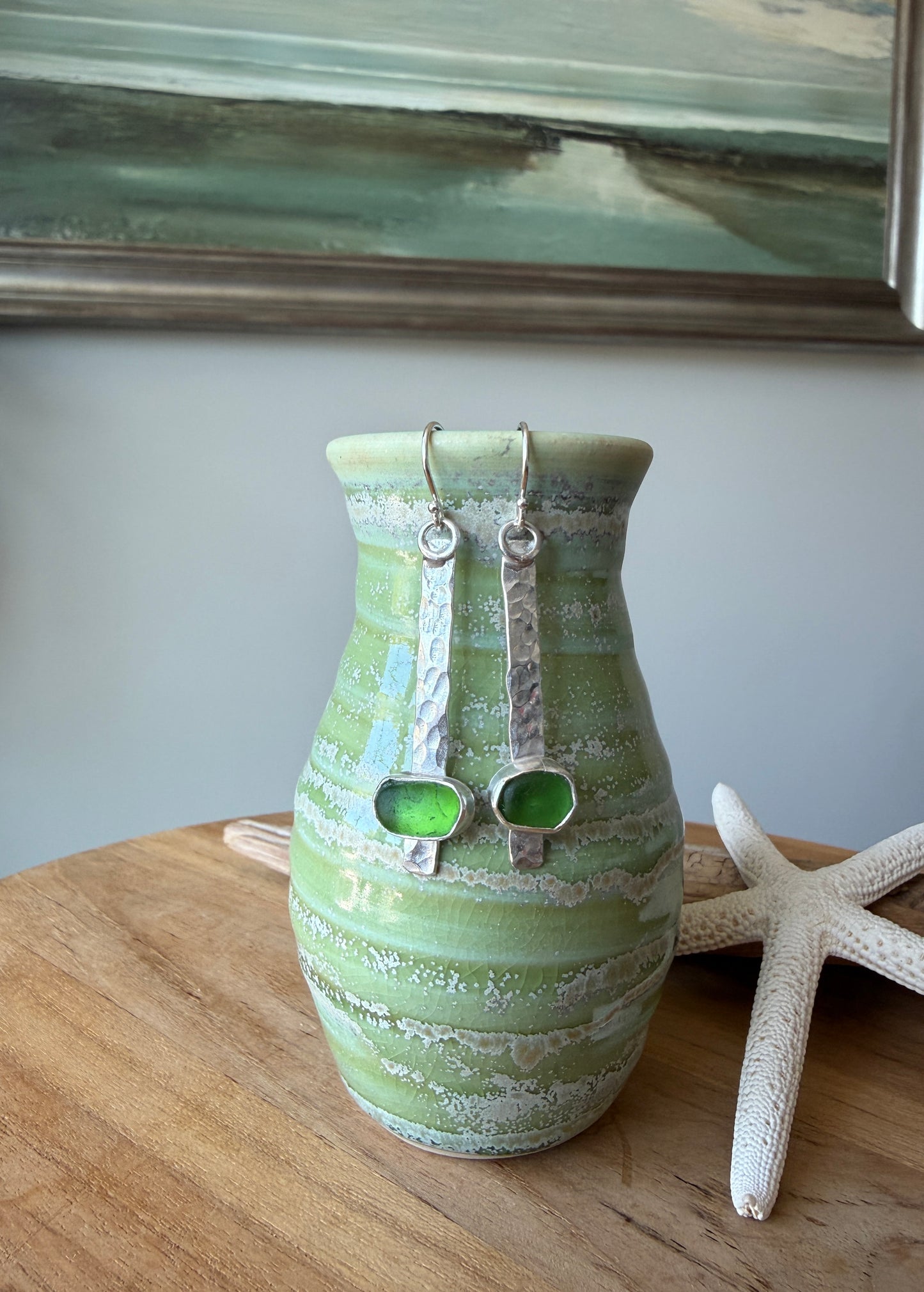 Green Sea Glass Stick Earrings