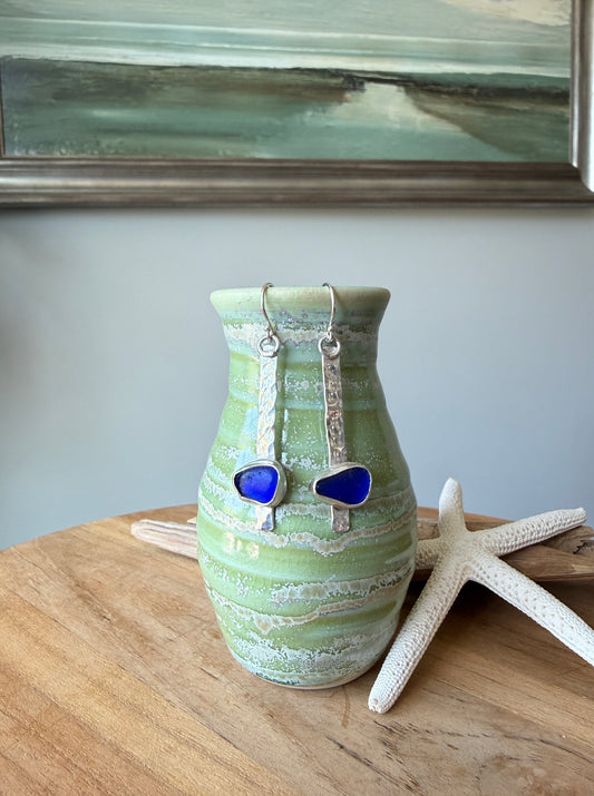 Cobalt Blue Sea Glass Stick Earrings