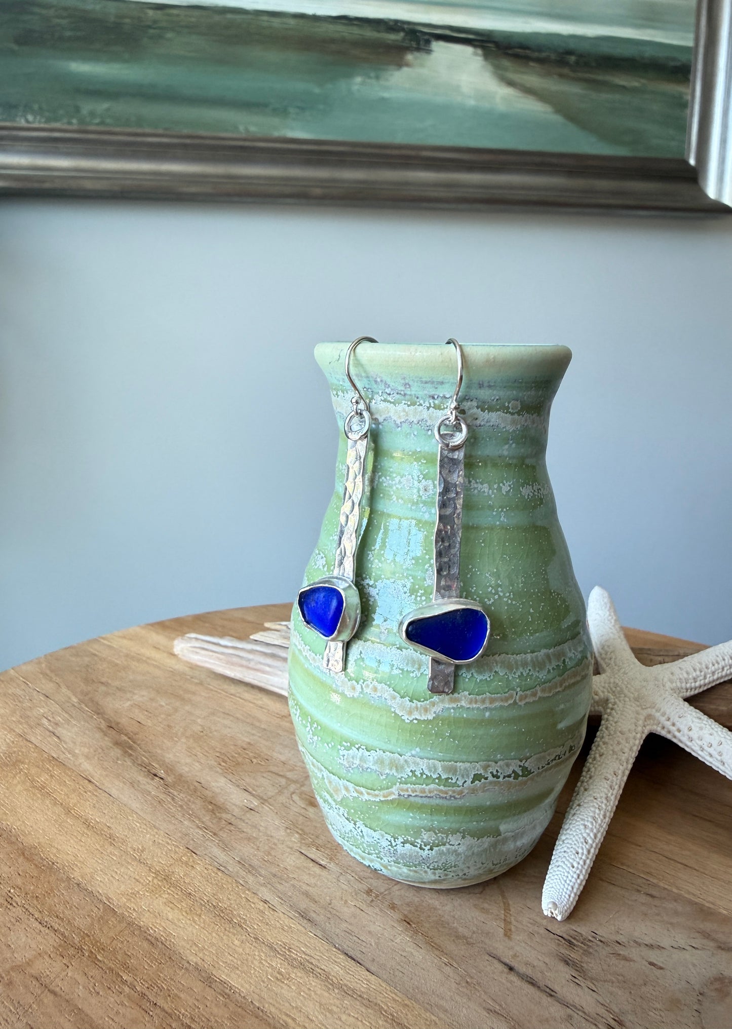 Cobalt Blue Sea Glass Stick Earrings