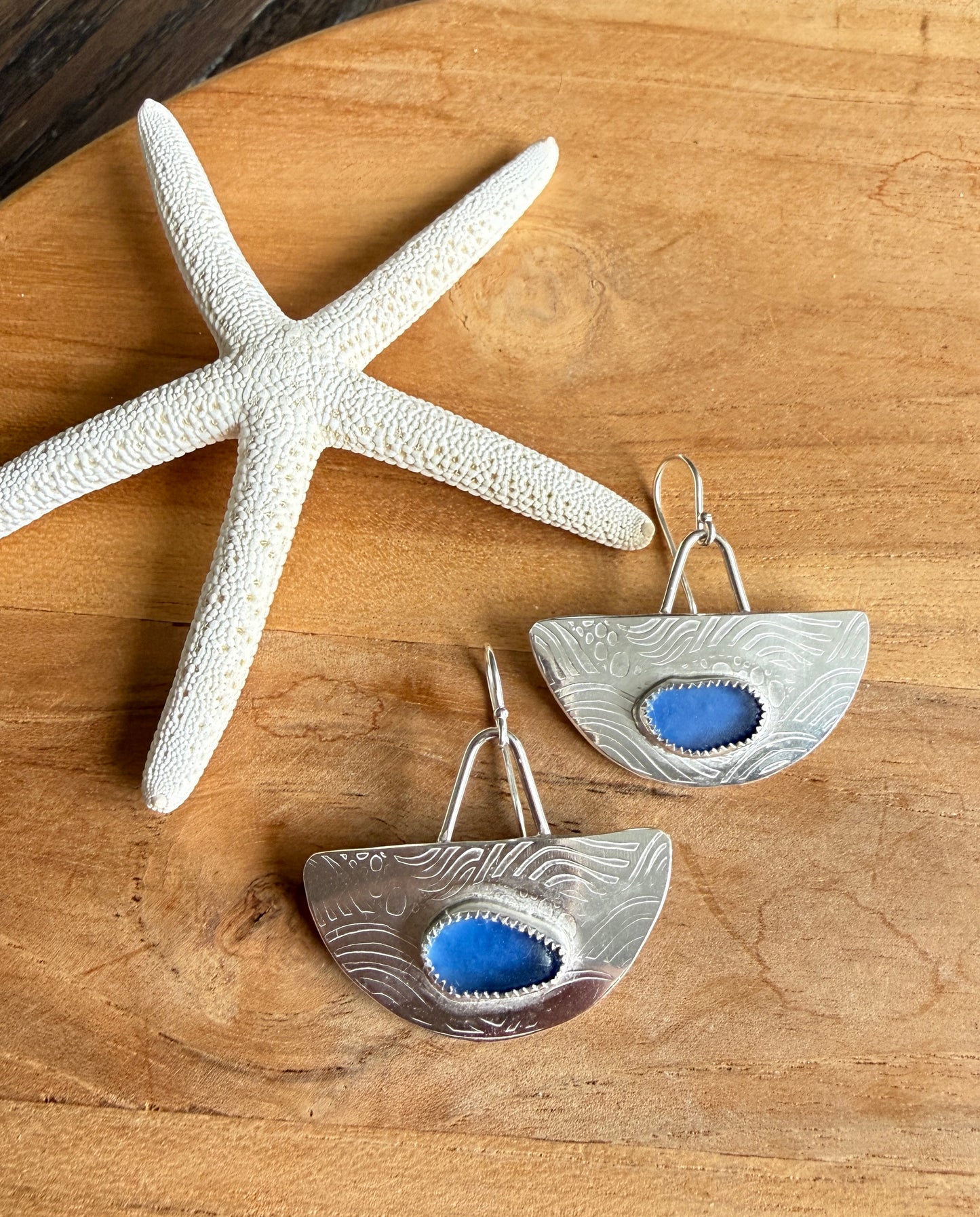 Wavy Deep Blue Sea Glass Earrings