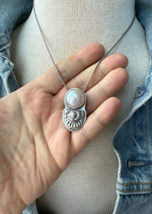 Sterling Silver Ammonite with Freshwater Coin Pearl