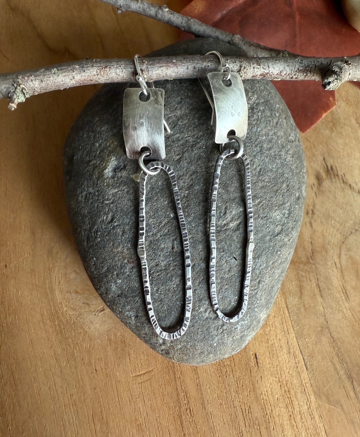 Sterling Silver Hammered Long Oval Earrings