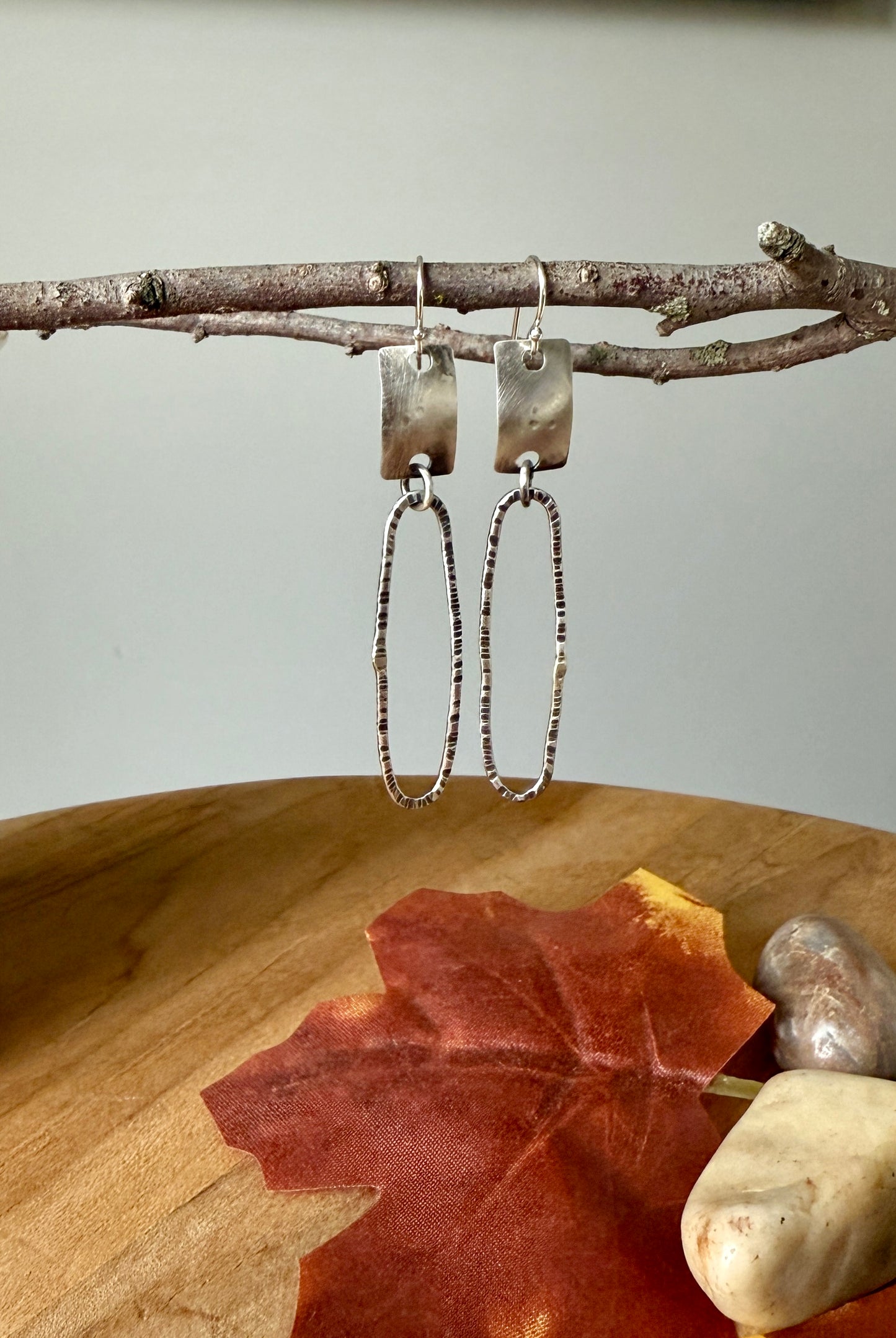 Sterling Silver Hammered Long Oval Earrings