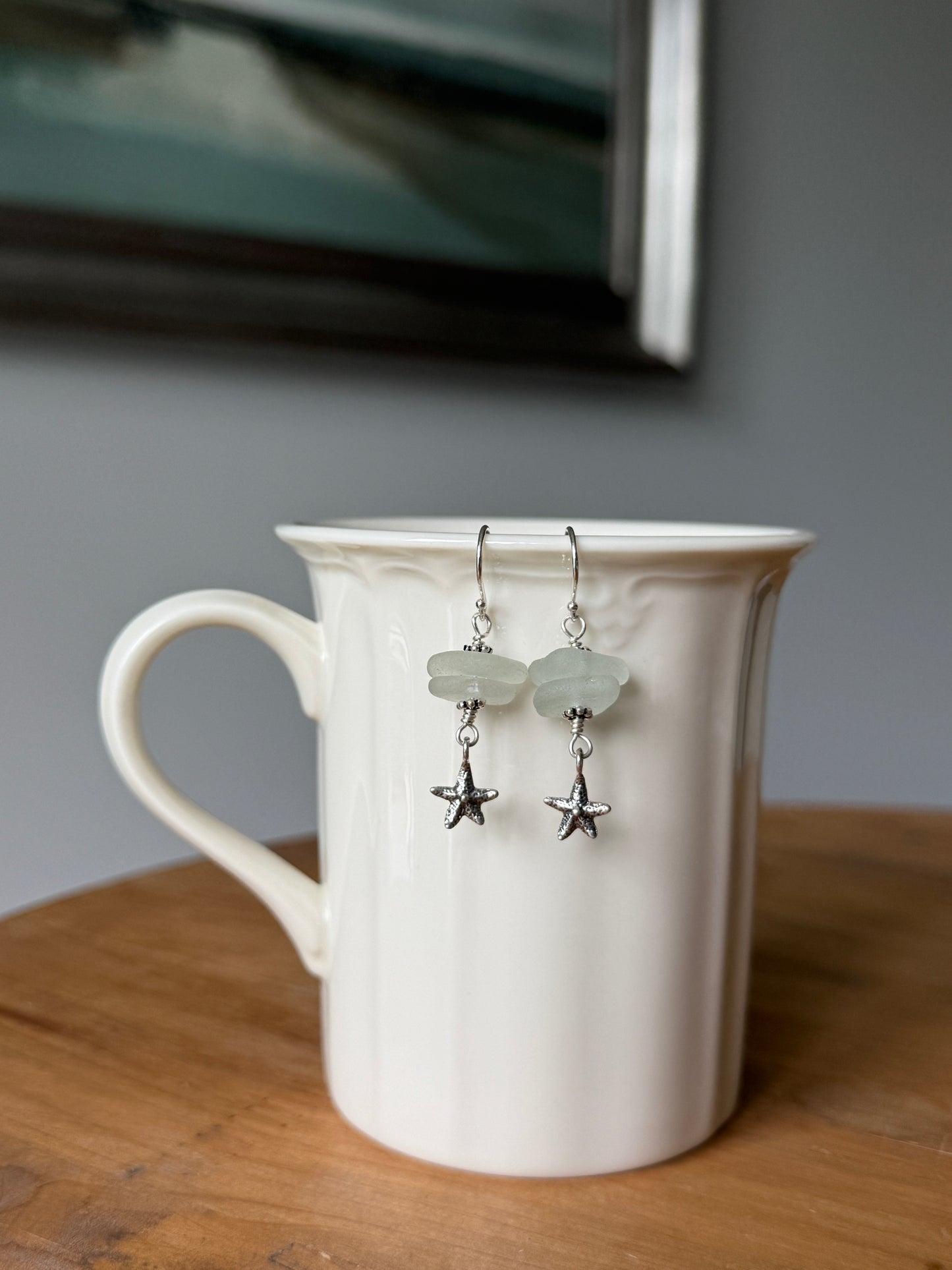 Pale Blue Sea Glass and Star Fish Earrings
