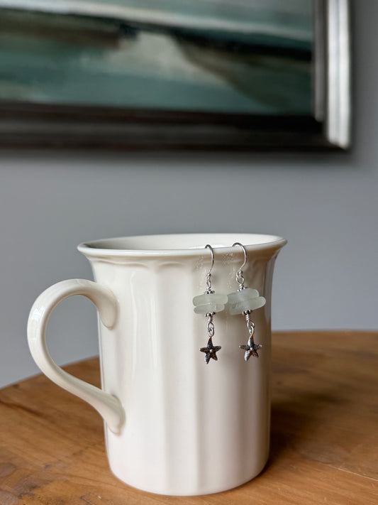 Pale Blue Sea Glass and Star Fish Earrings
