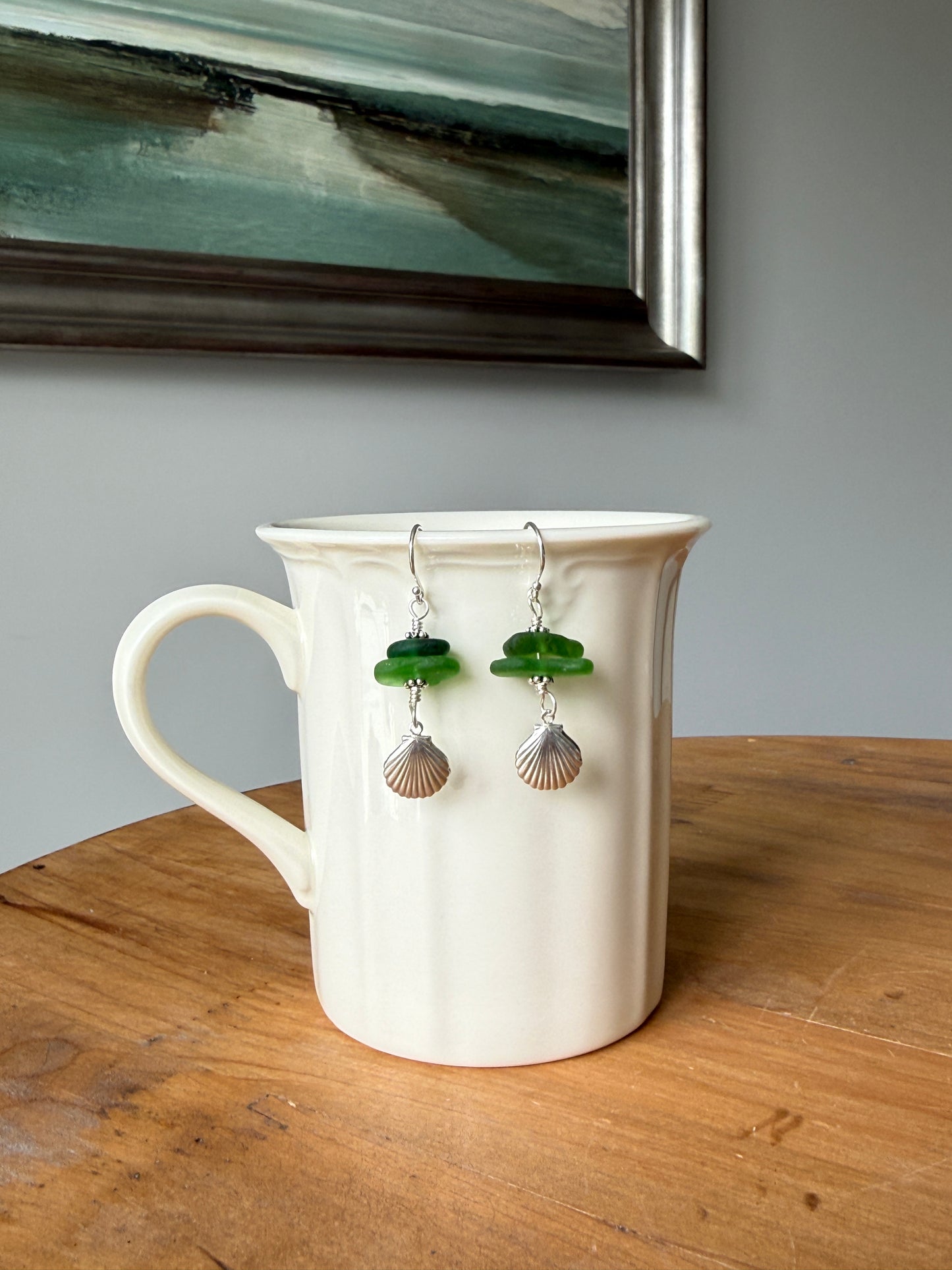 Green Sea Glass and Clam Shell Earrings