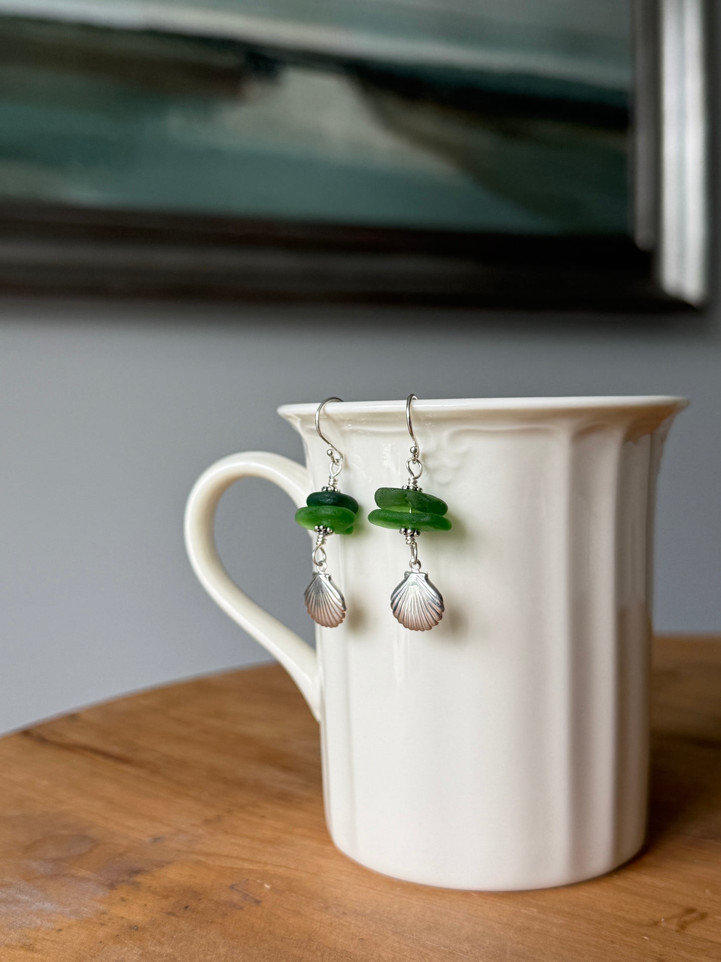 Green Sea Glass and Clam Shell Earrings