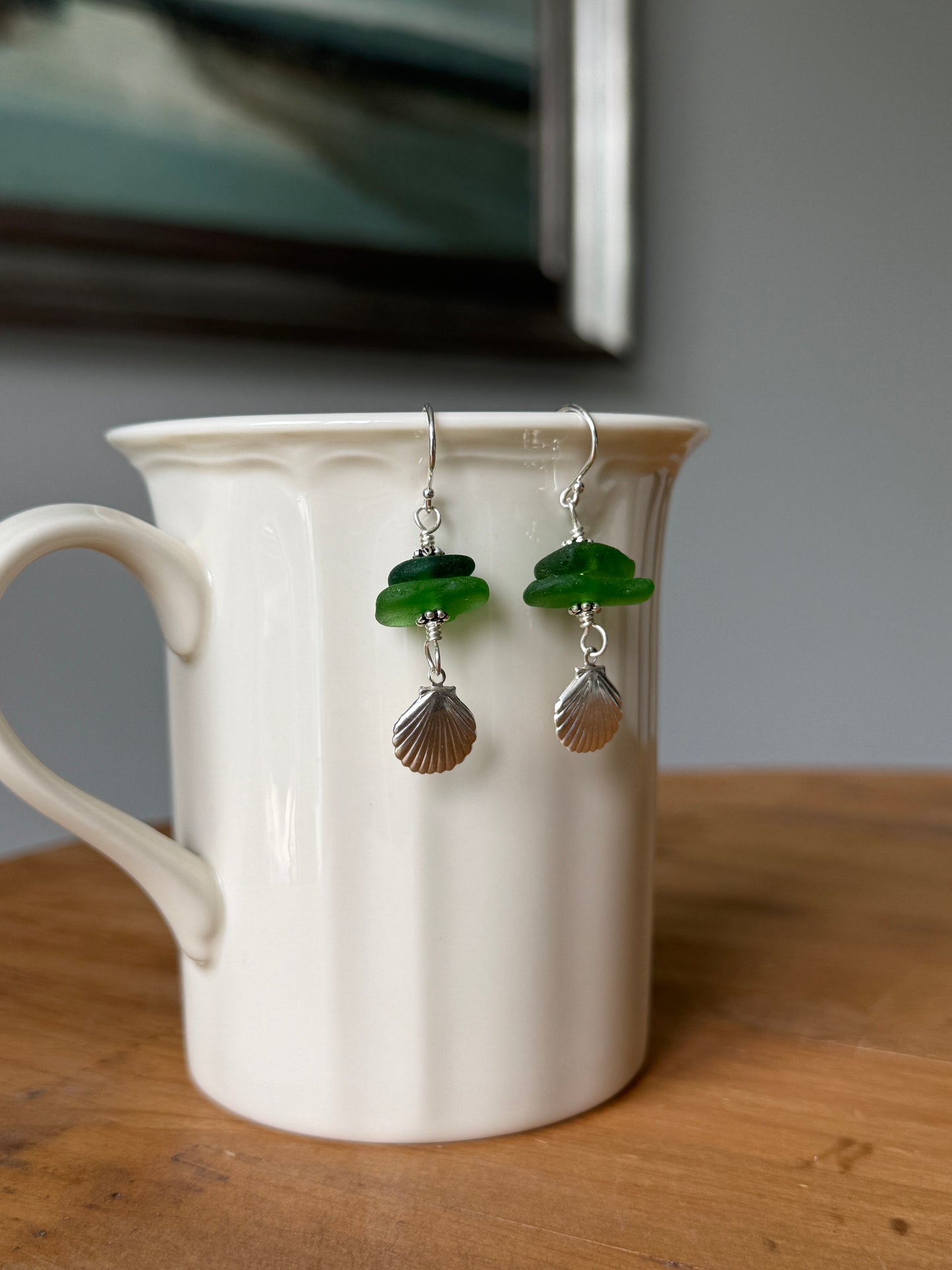 Green Sea Glass and Clam Shell Earrings