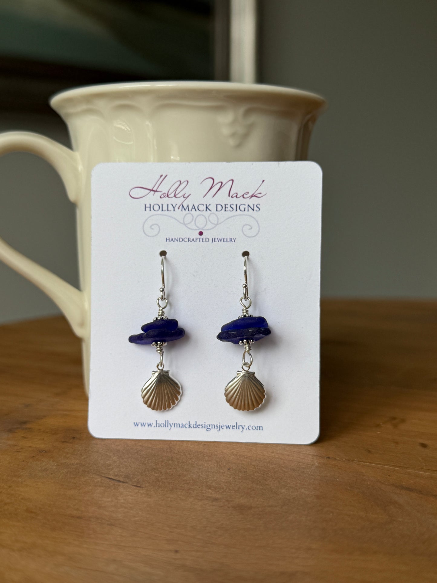 Cobalt Sea Glass and Clam Shell Earrings
