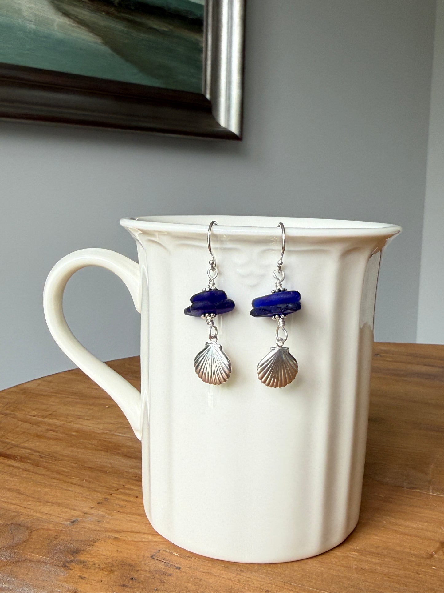 Cobalt Sea Glass and Clam Shell Earrings