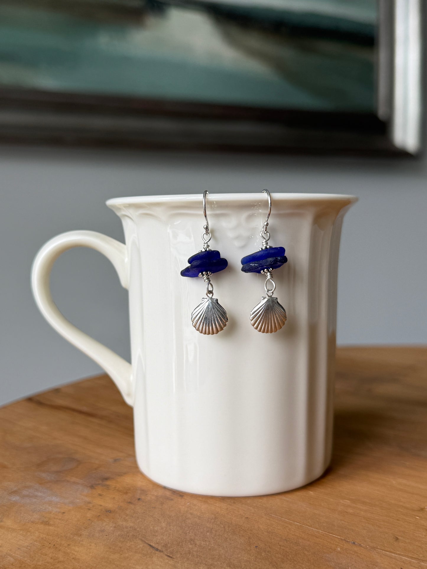 Cobalt Sea Glass and Clam Shell Earrings