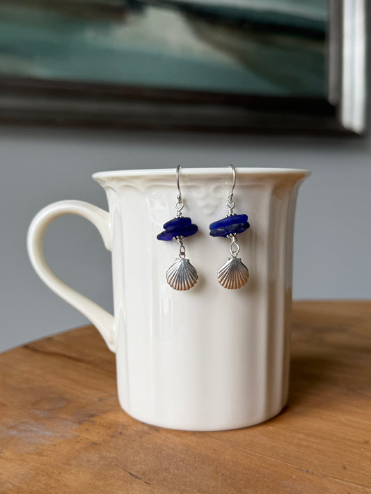 Cobalt Sea Glass and Clam Shell Earrings