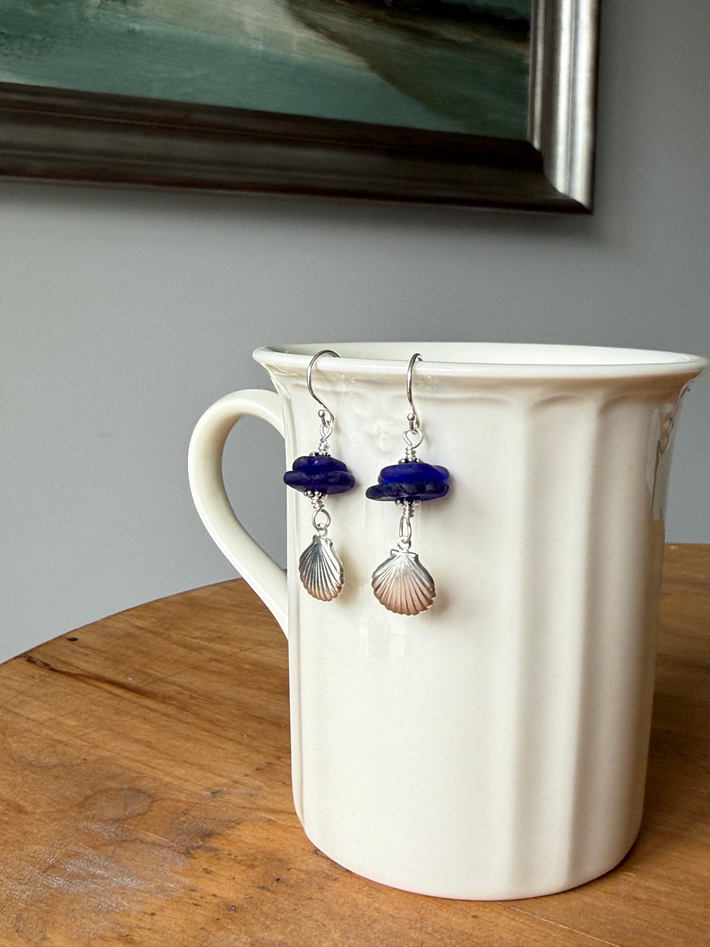 Cobalt Sea Glass and Clam Shell Earrings