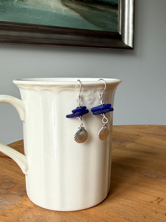 Cobalt Sea Glass and Clam Shell Earrings
