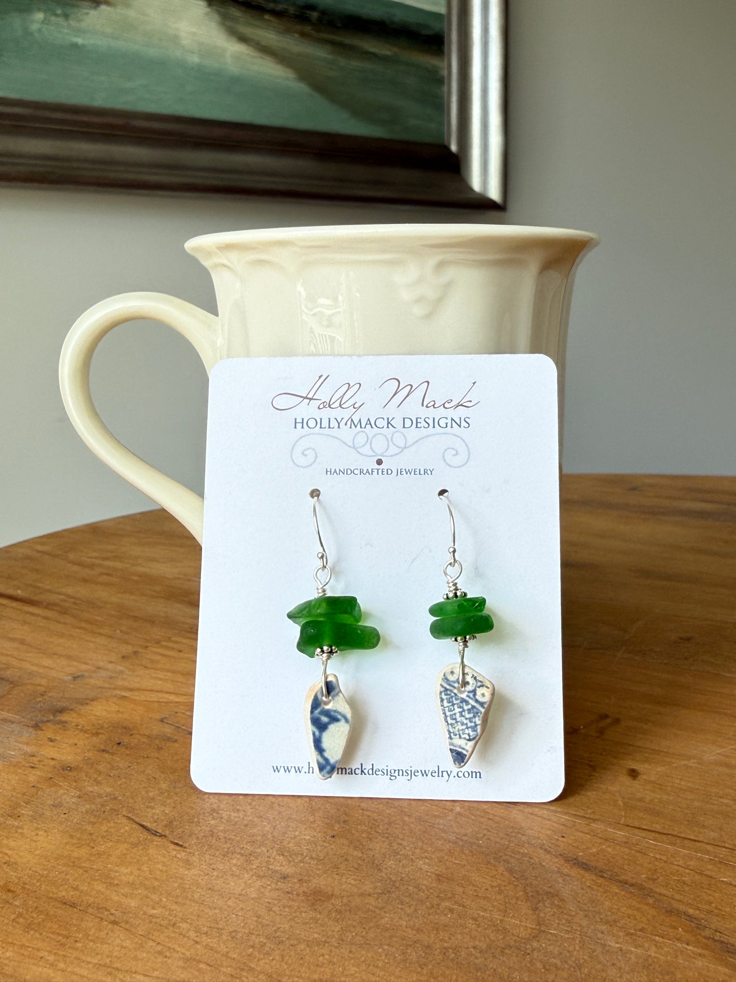Green Sea Glass and Sea Pottery Earrings