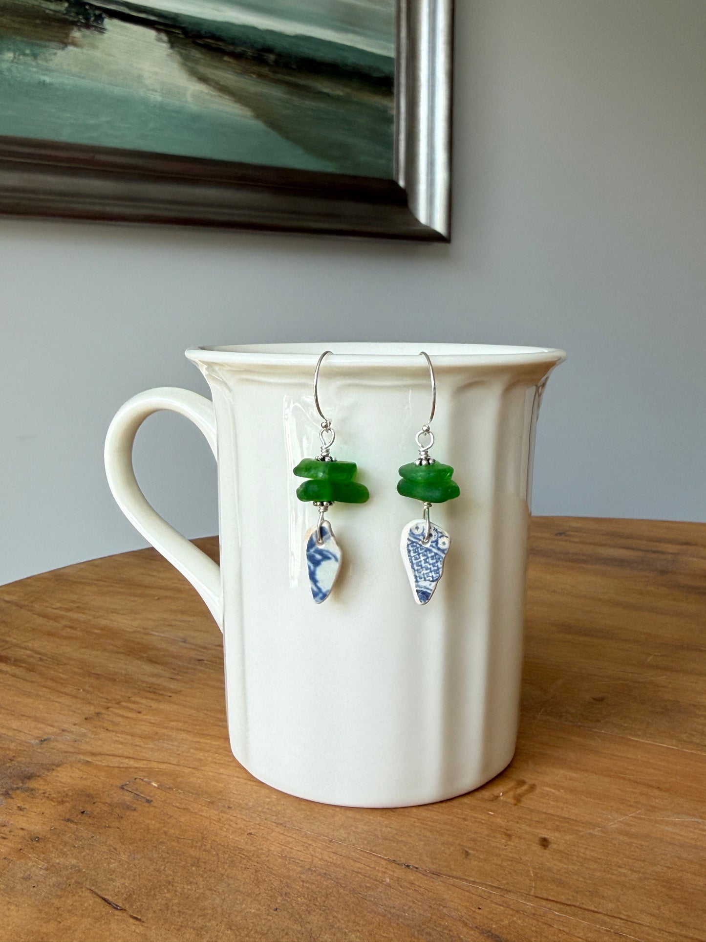 Green Sea Glass and Sea Pottery Earrings