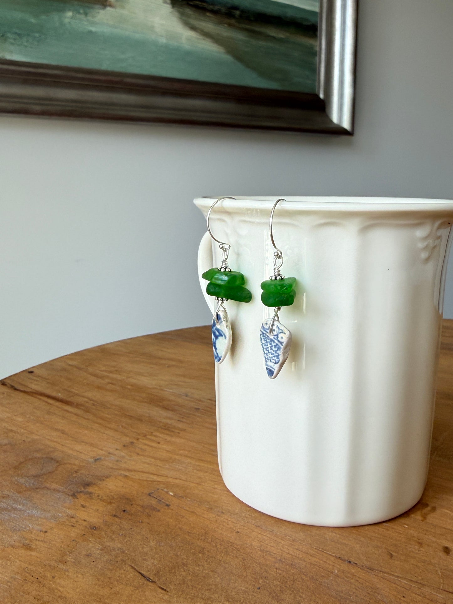 Green Sea Glass and Sea Pottery Earrings