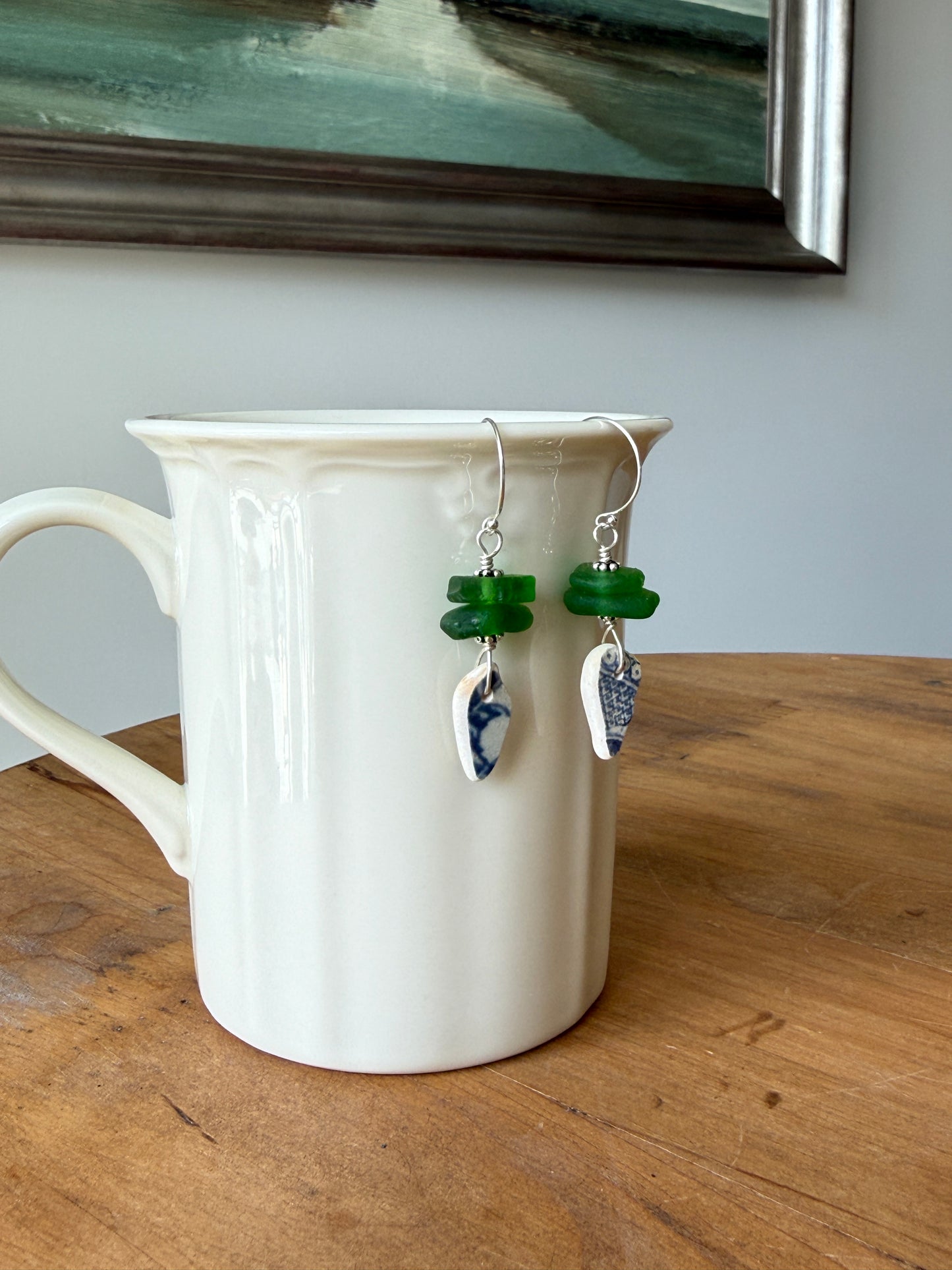 Green Sea Glass and Sea Pottery Earrings