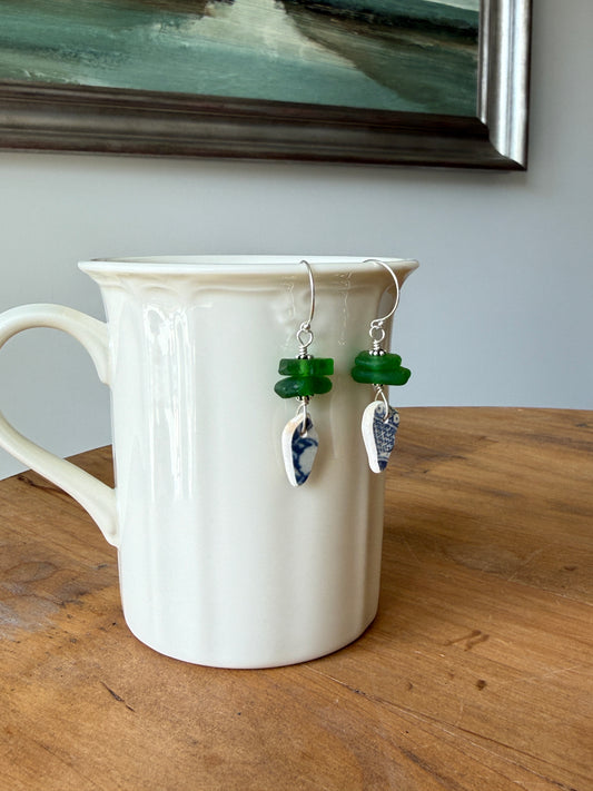 Green Sea Glass and Sea Pottery Earrings