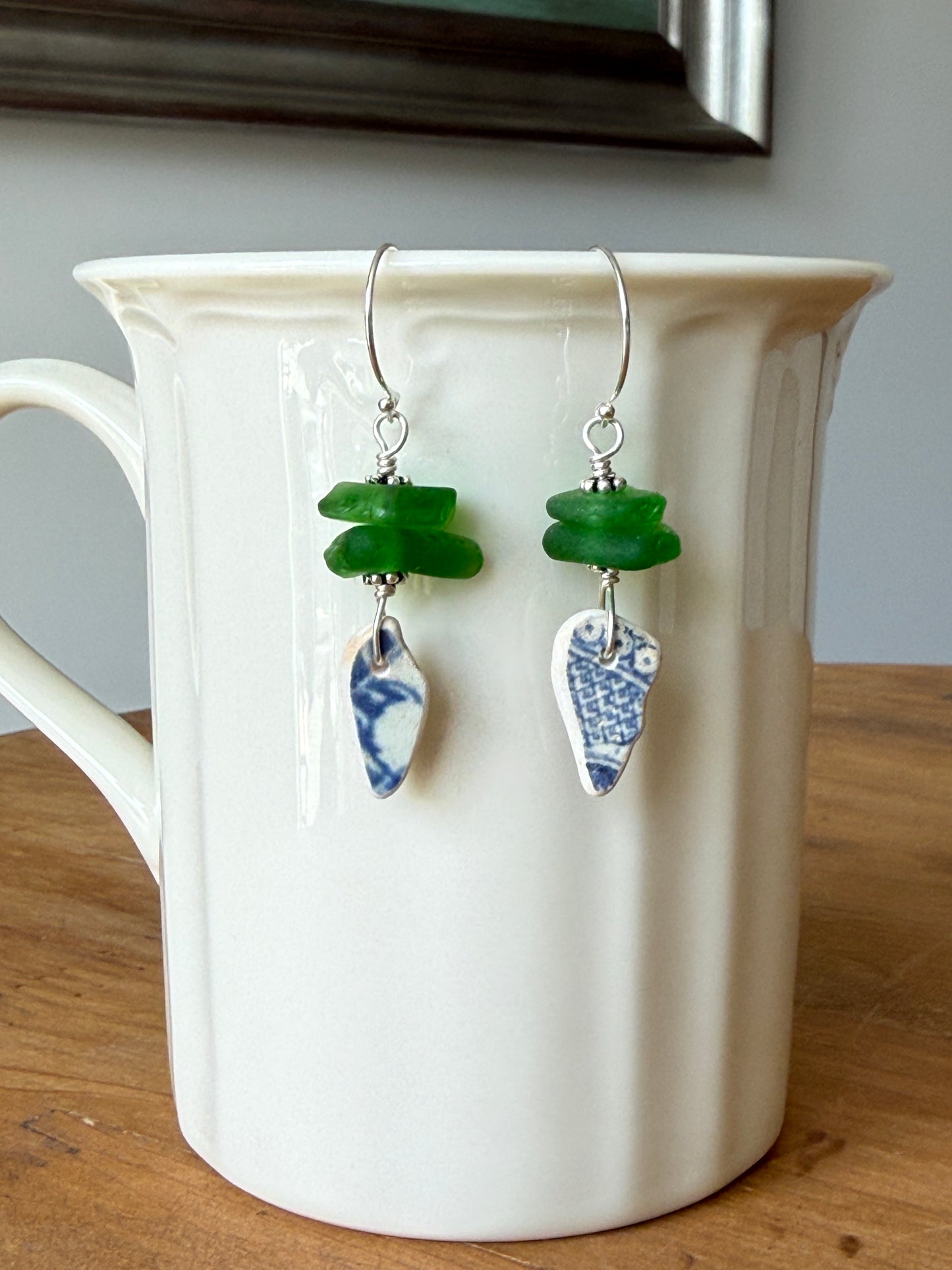 Green Sea Glass and Sea Pottery Earrings