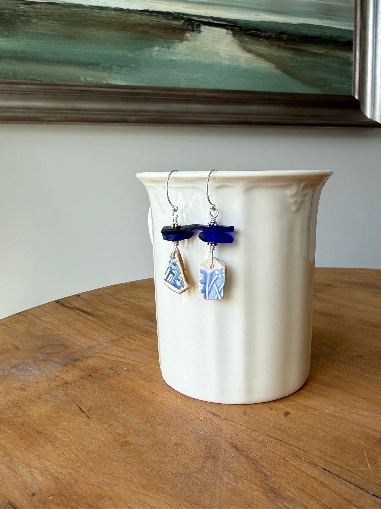 Cobalt Blue Sea Glass and Sea Pottery Earrings
