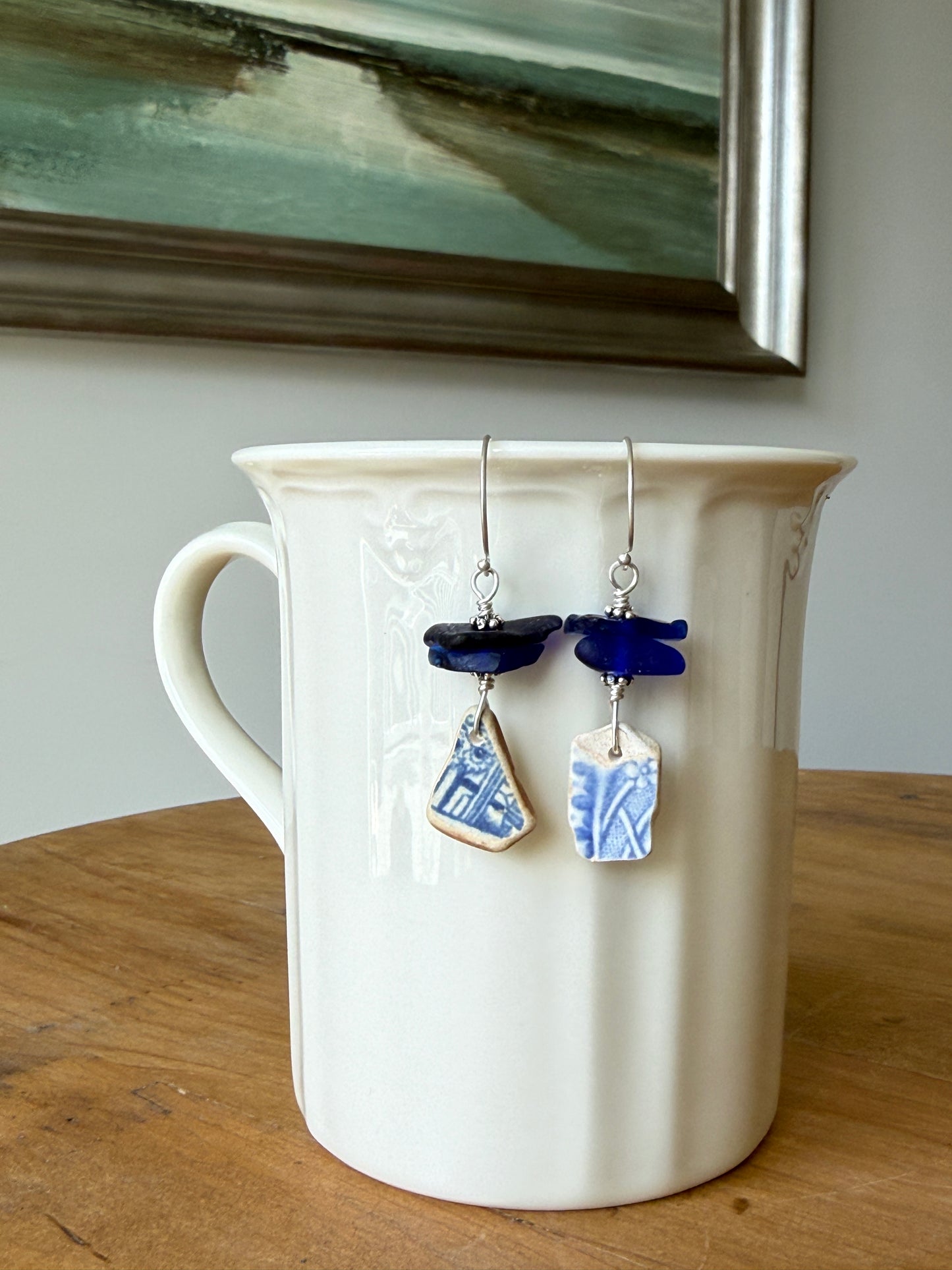 Cobalt Blue Sea Glass and Sea Pottery Earrings