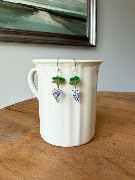 Green Sea Glass and Sea Pottery Earrings