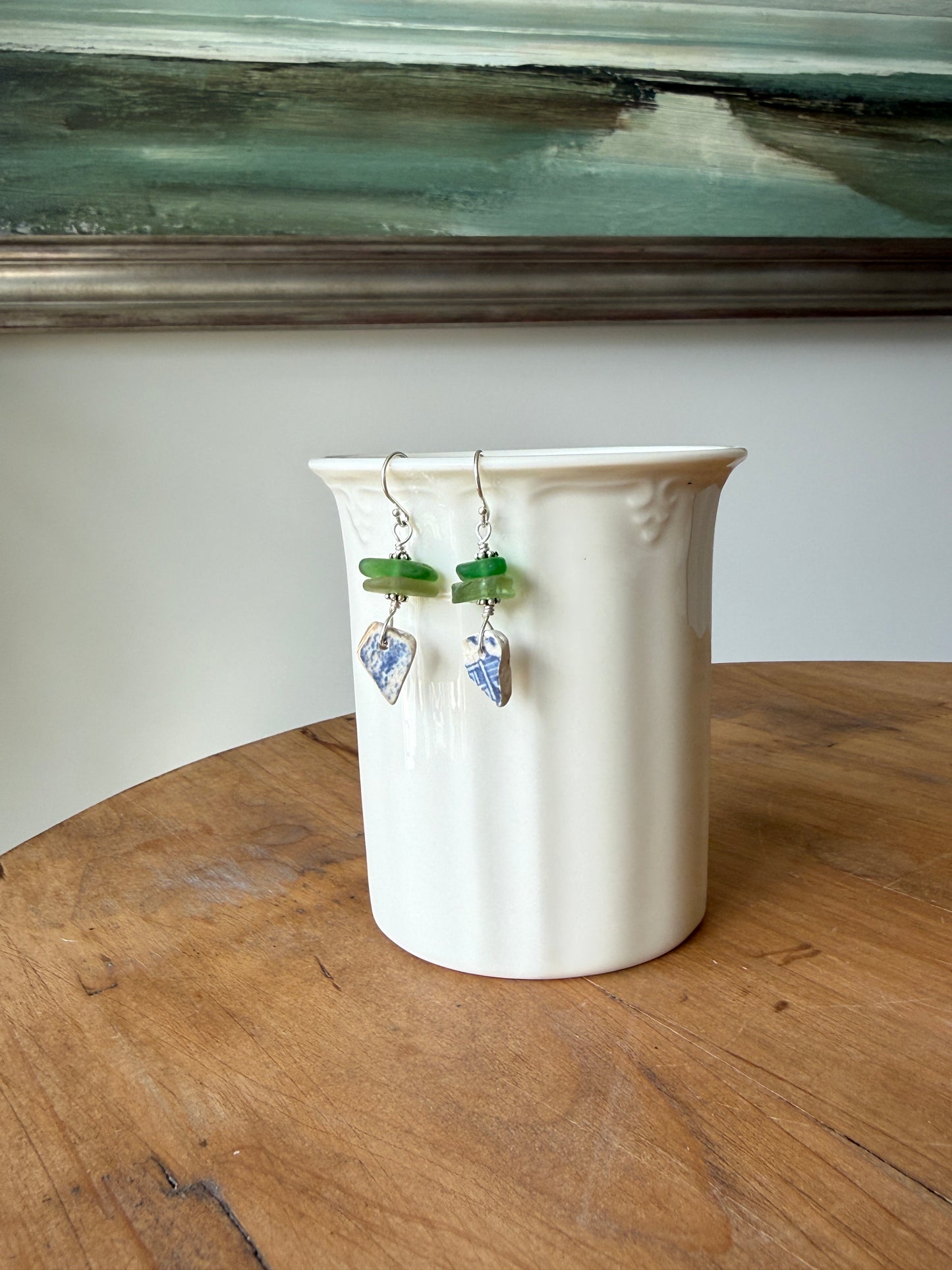 Green Sea Glass and Sea Pottery Earrings