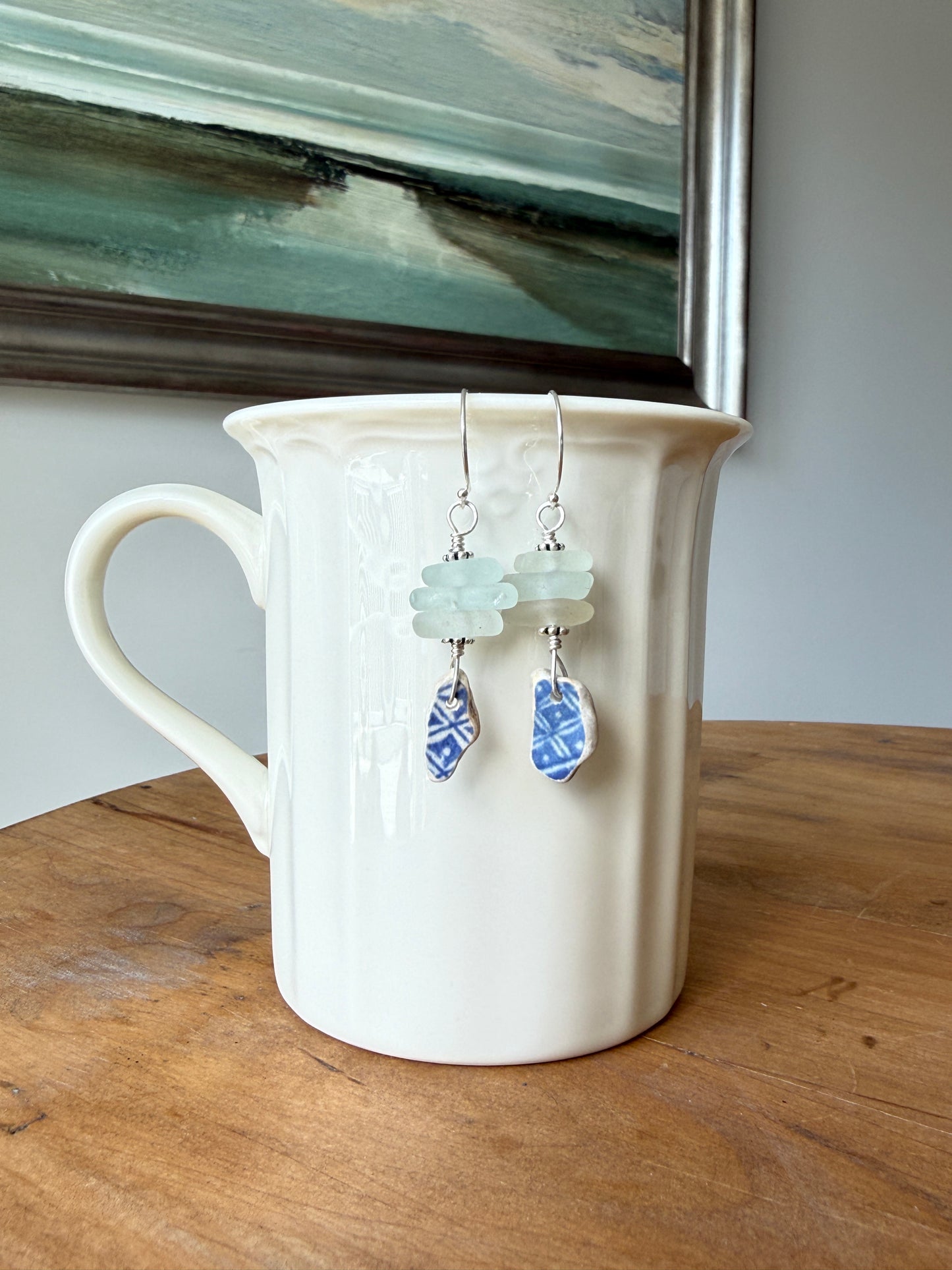 Pale Blue Sea Glass and Sea Pottery Earrings