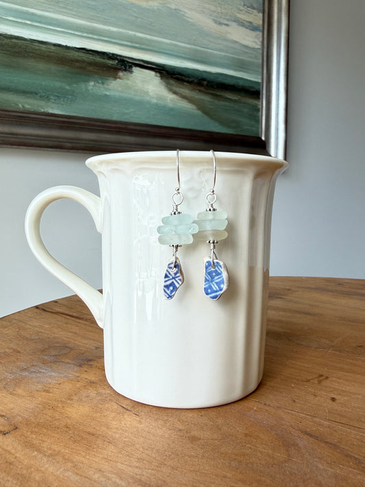 Pale Blue Sea Glass and Sea Pottery Earrings