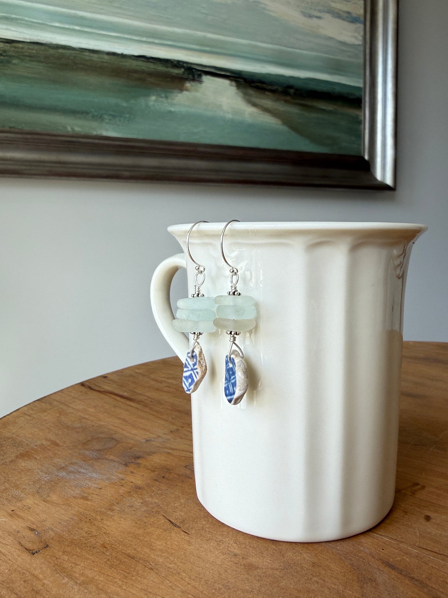 Pale Blue Sea Glass and Sea Pottery Earrings