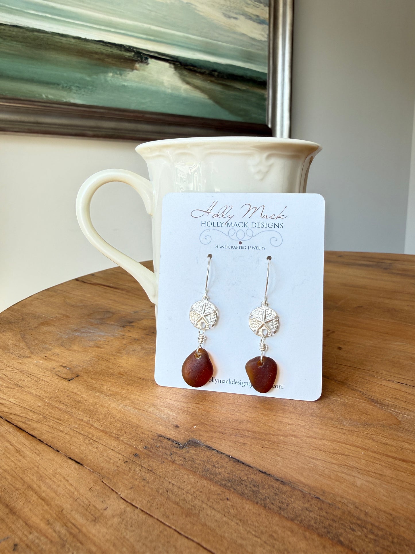 Amber Brown Sea Glass and Sand Dollar Earrings