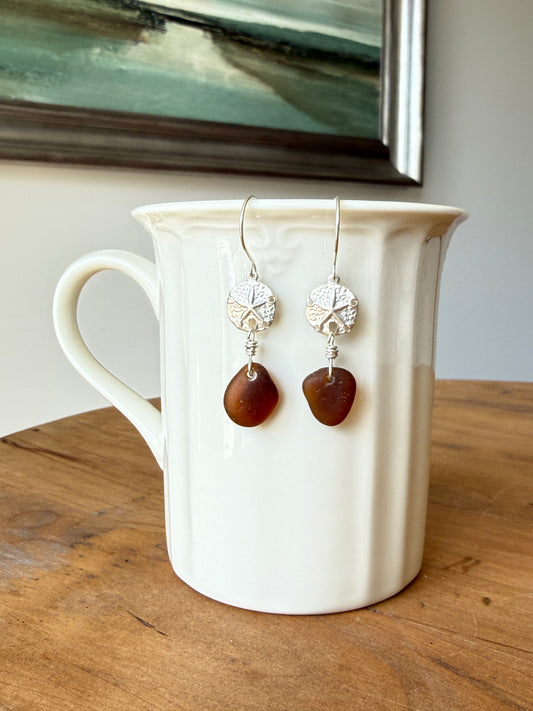 Amber Brown Sea Glass and Sand Dollar Earrings