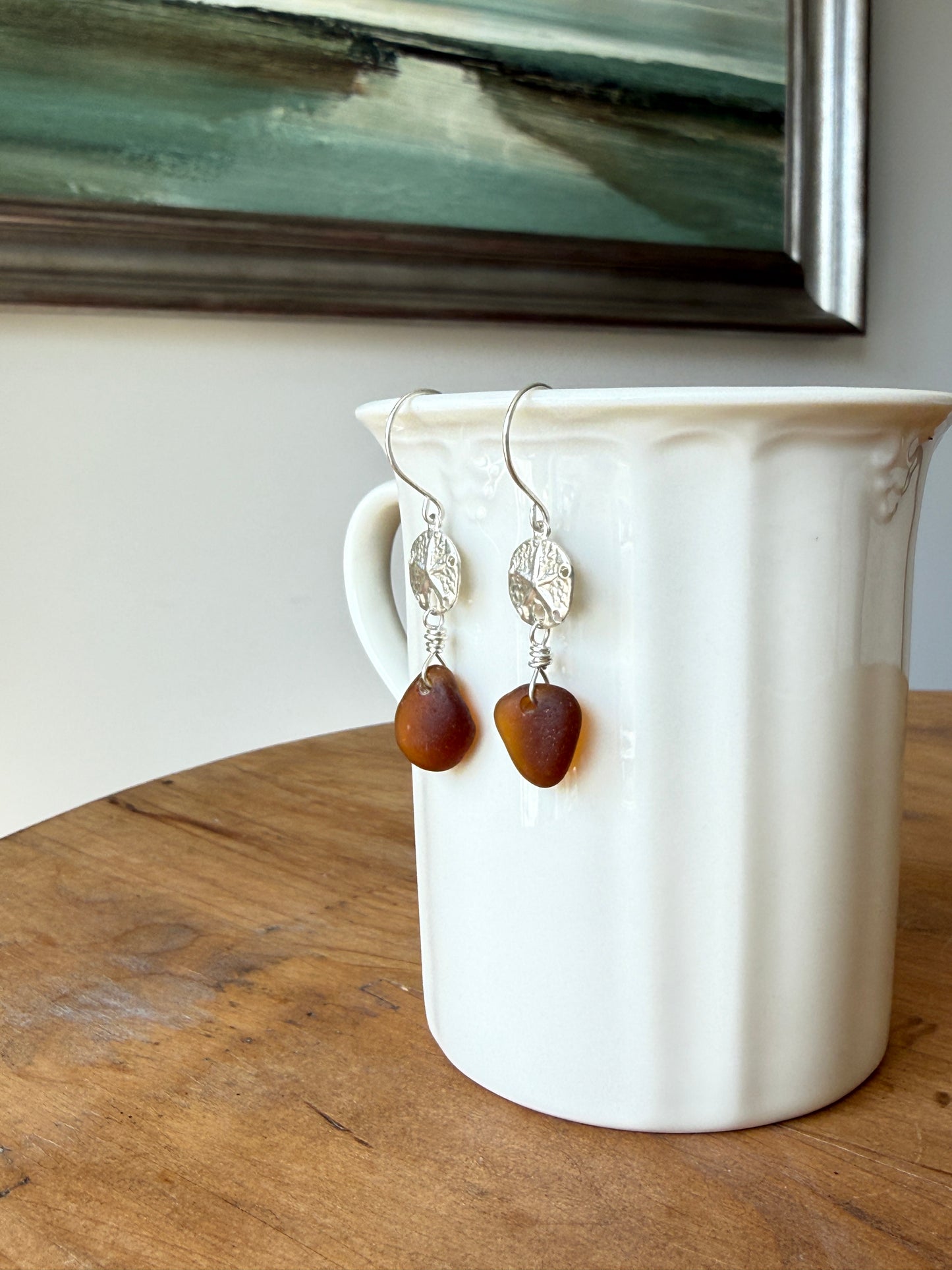 Amber Brown Sea Glass and Sand Dollar Earrings