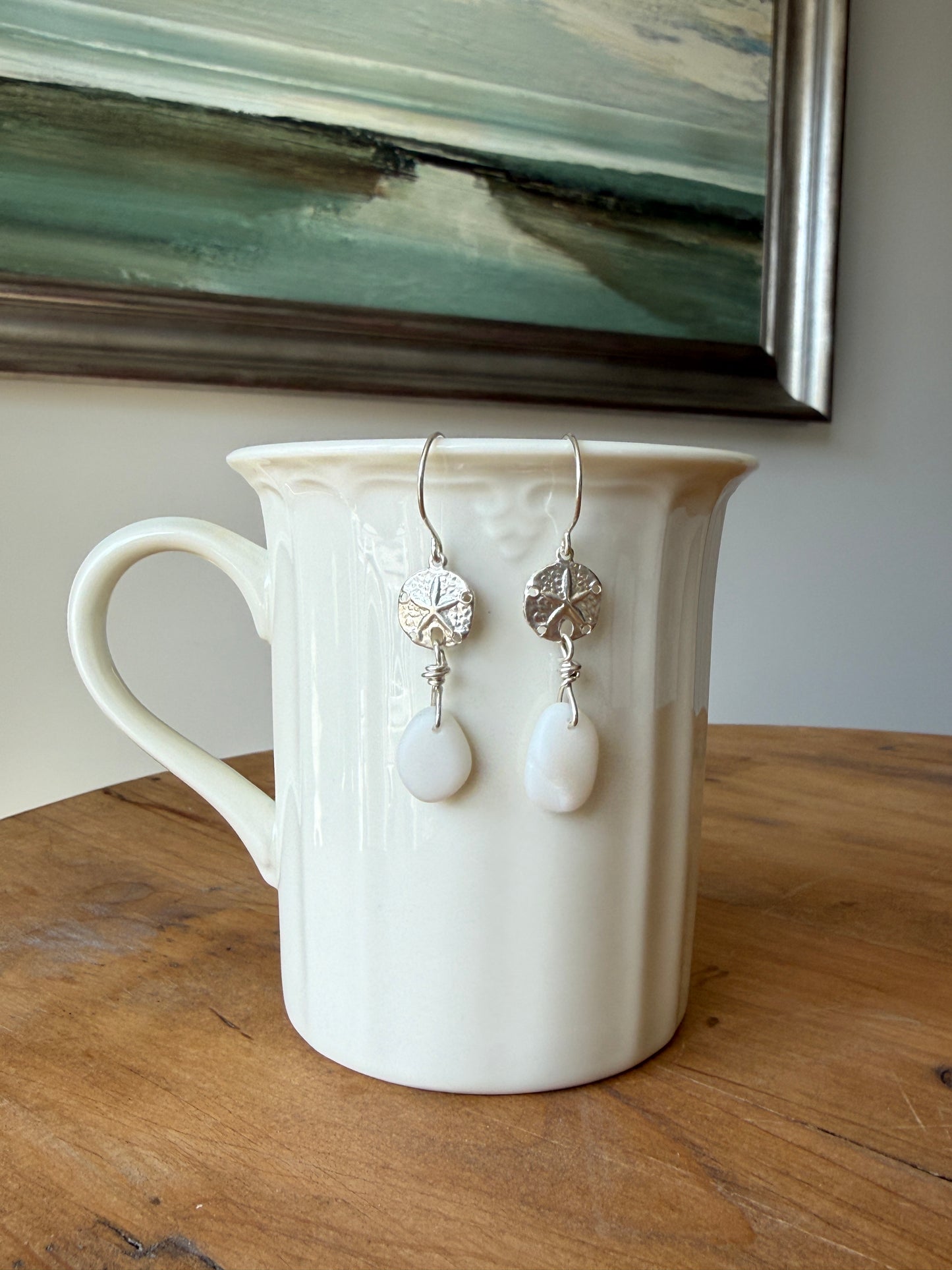 Milk Glass Sea Glass and Sand Dollar Earrings