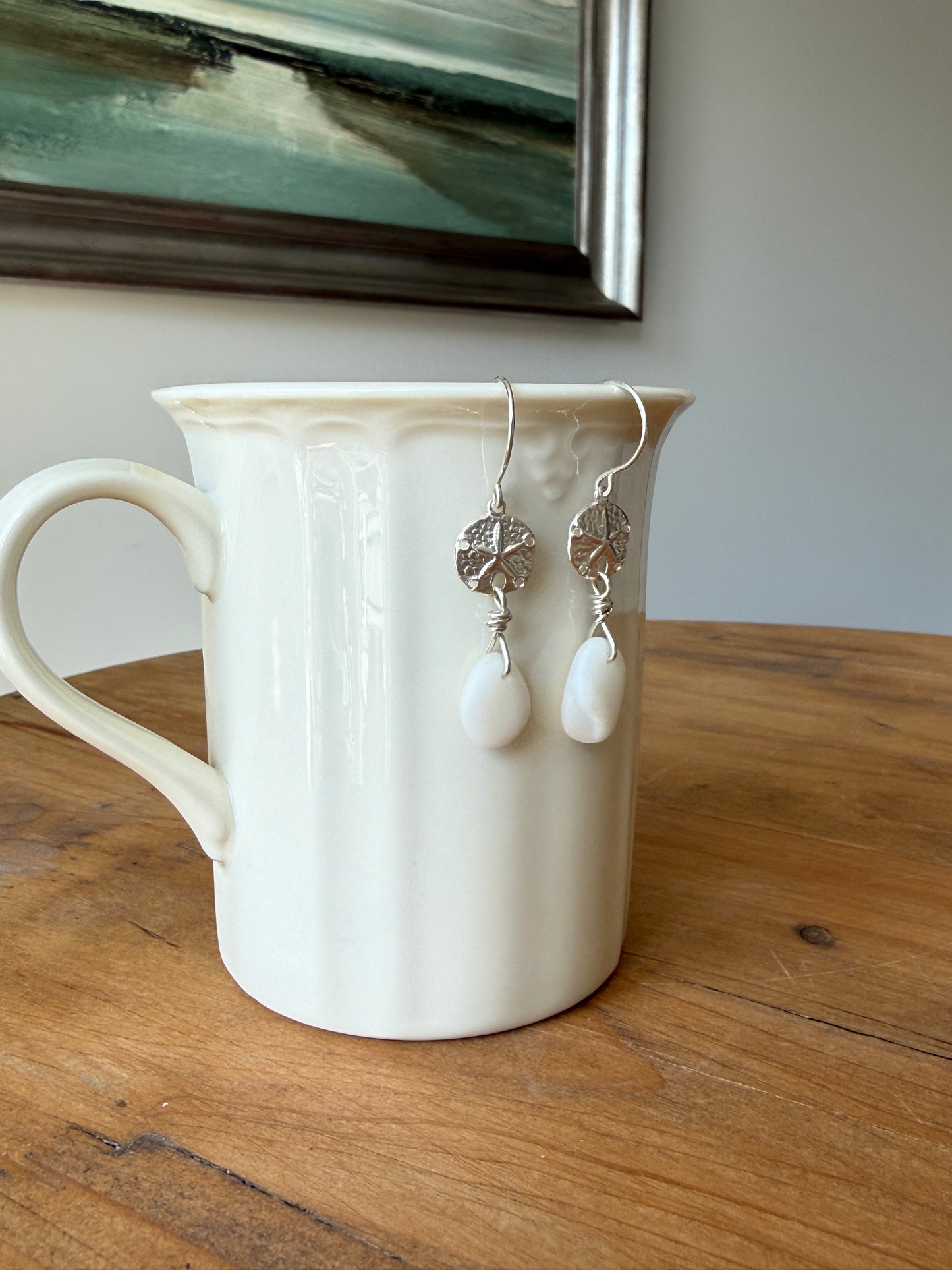 Milk Glass Sea Glass and Sand Dollar Earrings