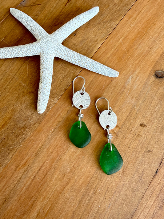 Wavy Green Sea Glass Earrings