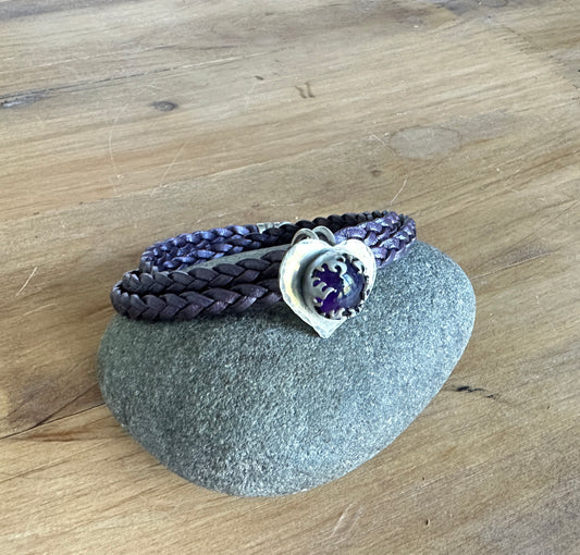 Amethyst Flaming Heart Leather Wrap Bracelet