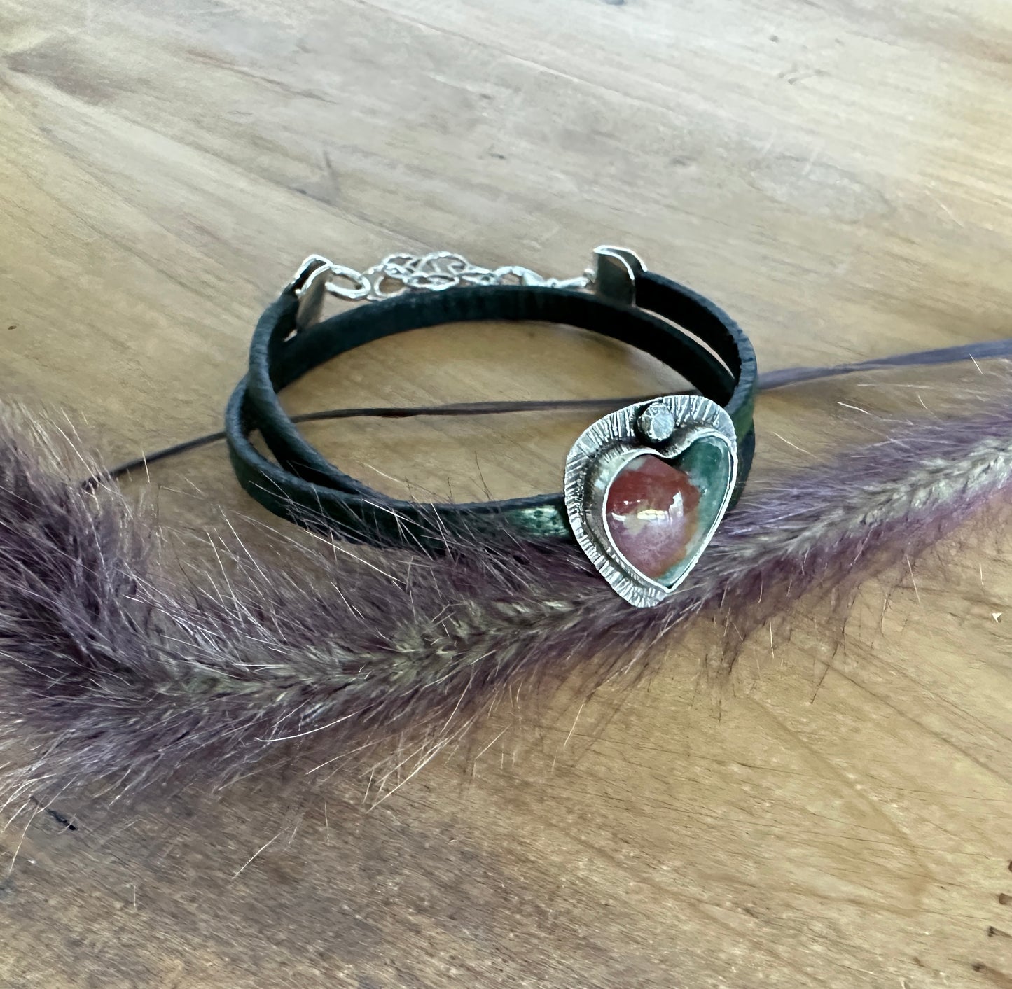 Fancy Jasper Heart Leather Wrap Bracelet