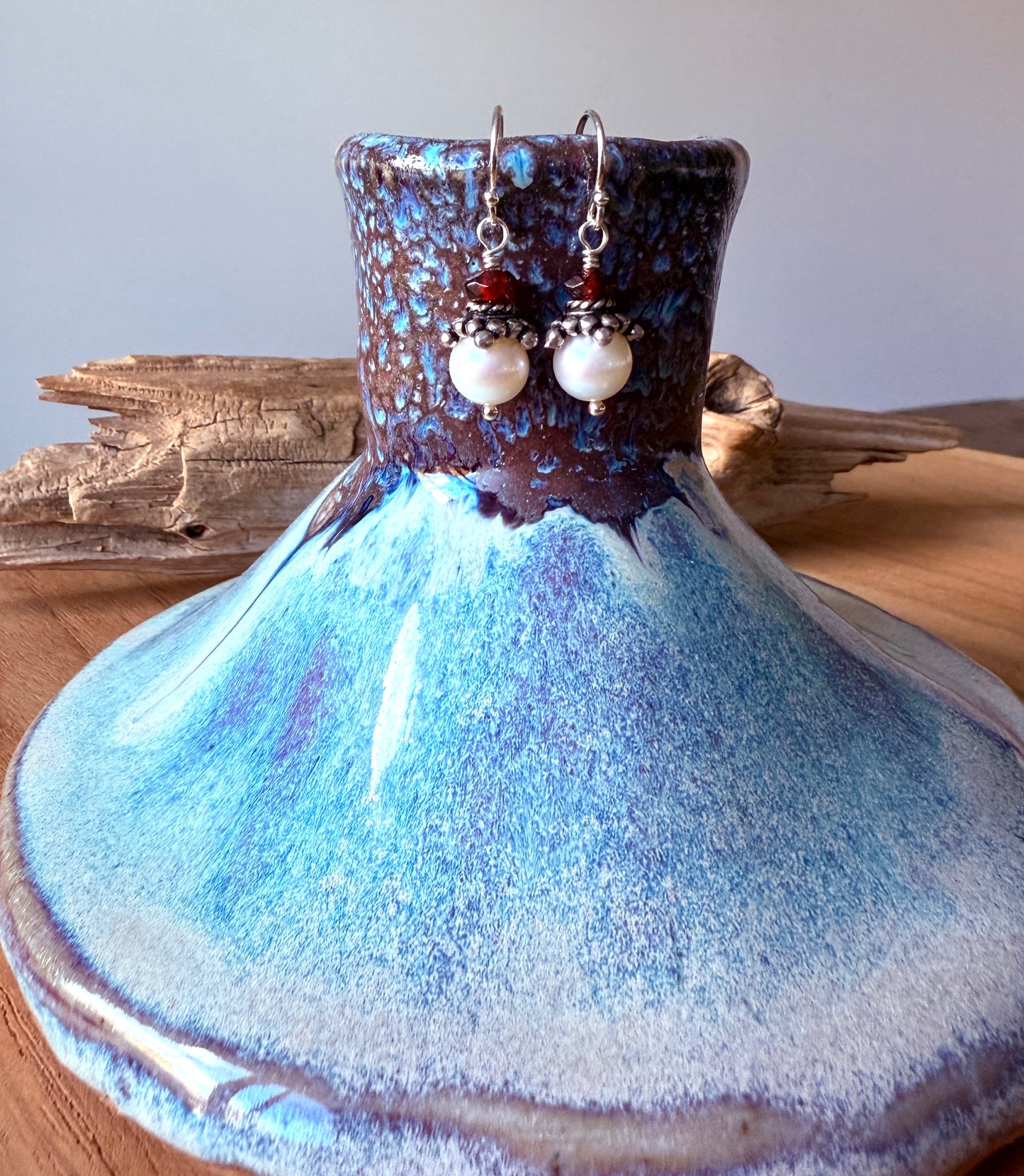 Freshwater Pearl and Garnet Earrings