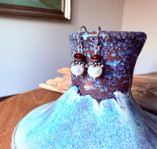 Freshwater Pearl and Garnet Earrings