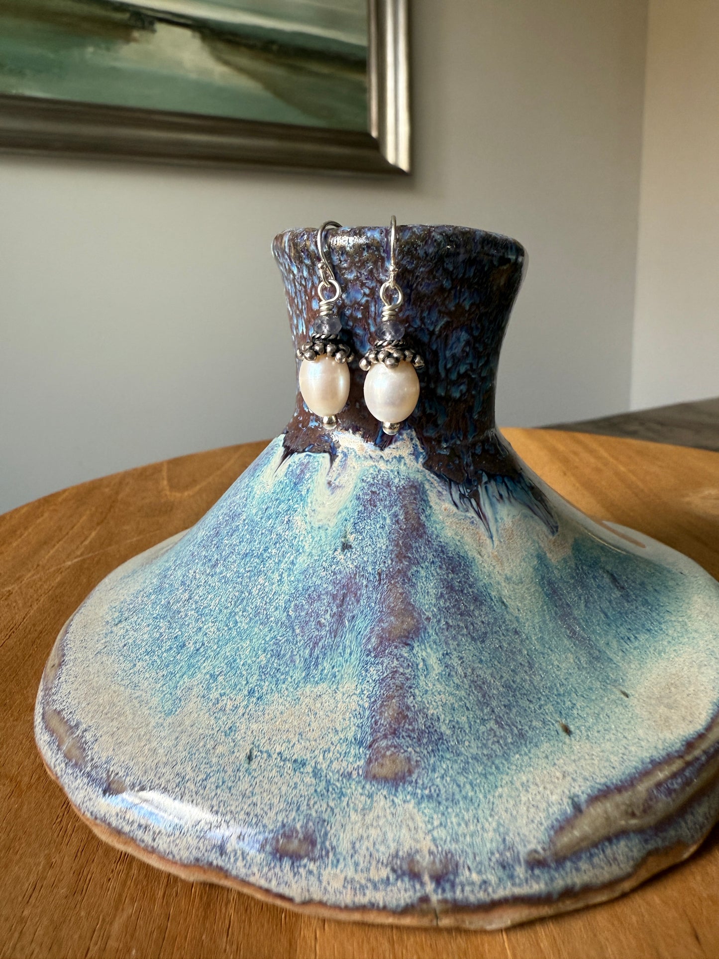 Freshwater pearl and Iolite earrings