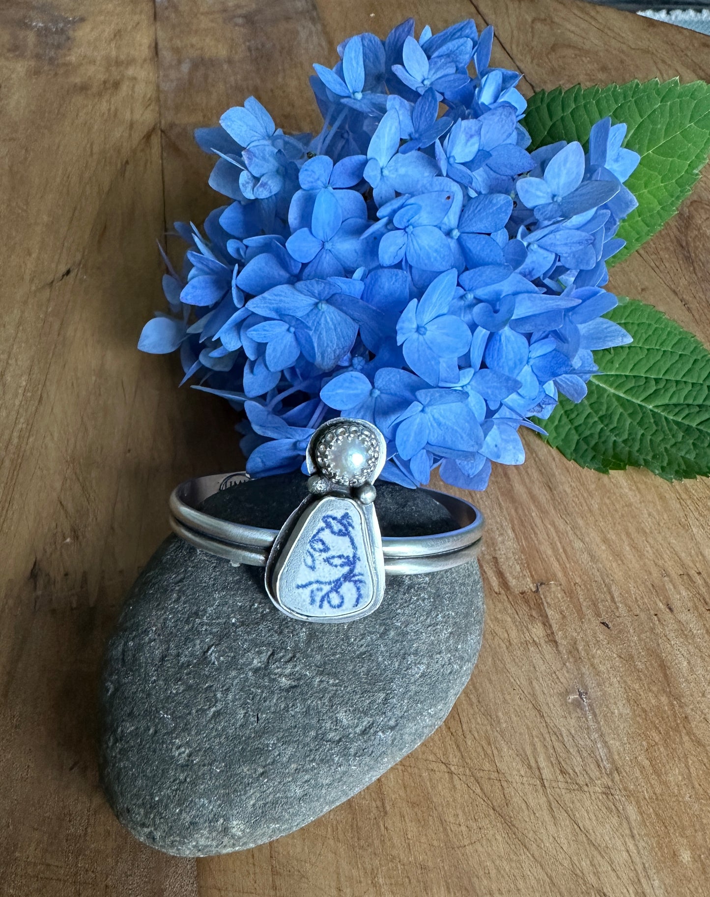 Sea Pottery and Freshwater Pearl Cuff Bracelet