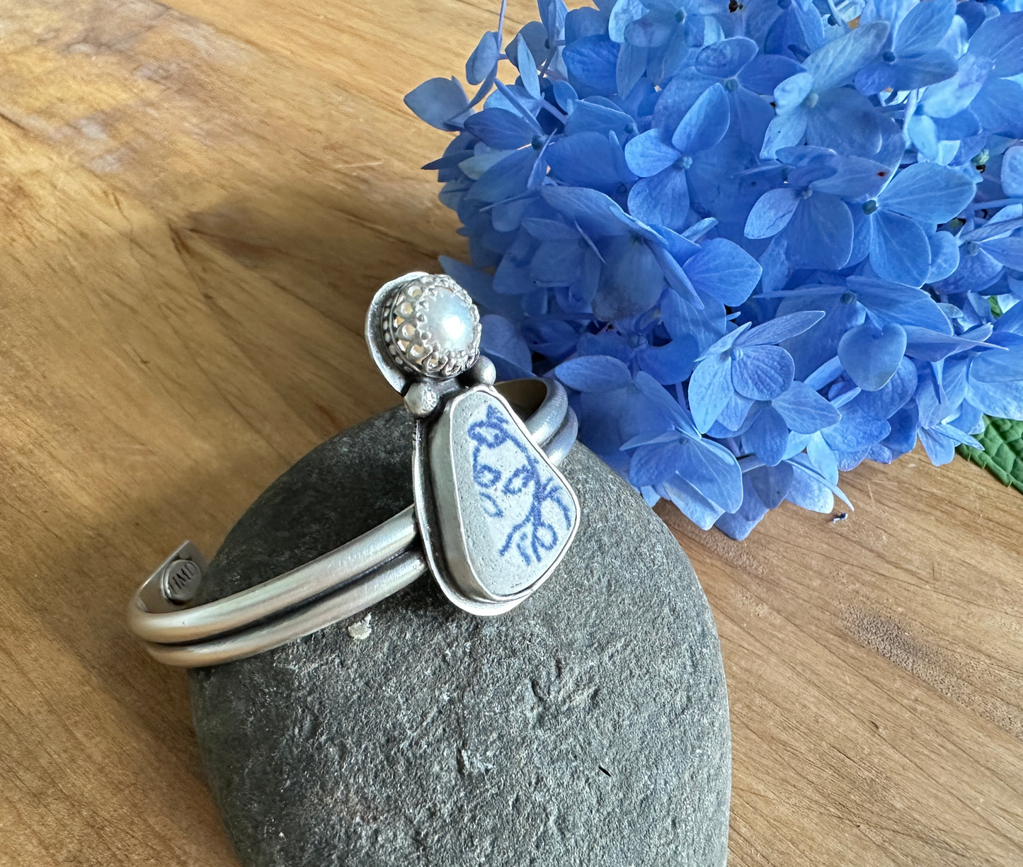 Sea Pottery and Freshwater Pearl Cuff Bracelet