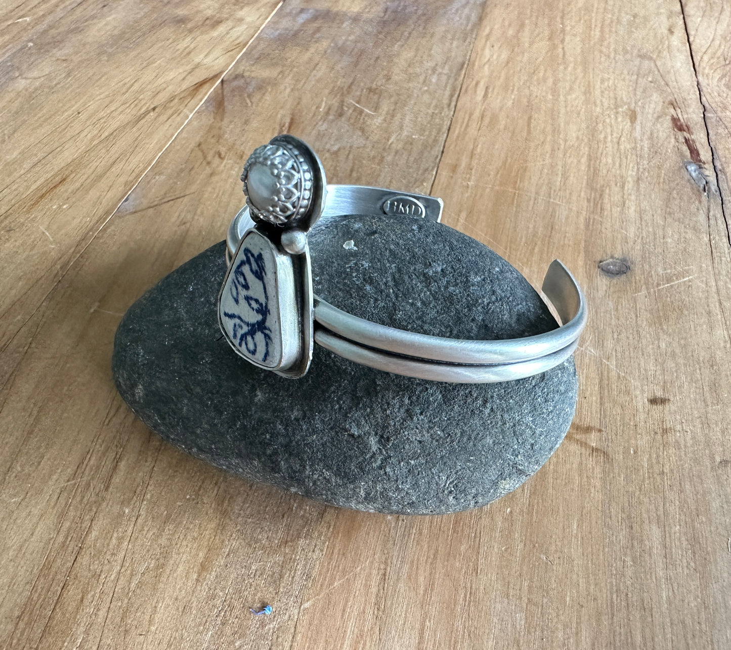 Sea Pottery and Freshwater Pearl Cuff Bracelet