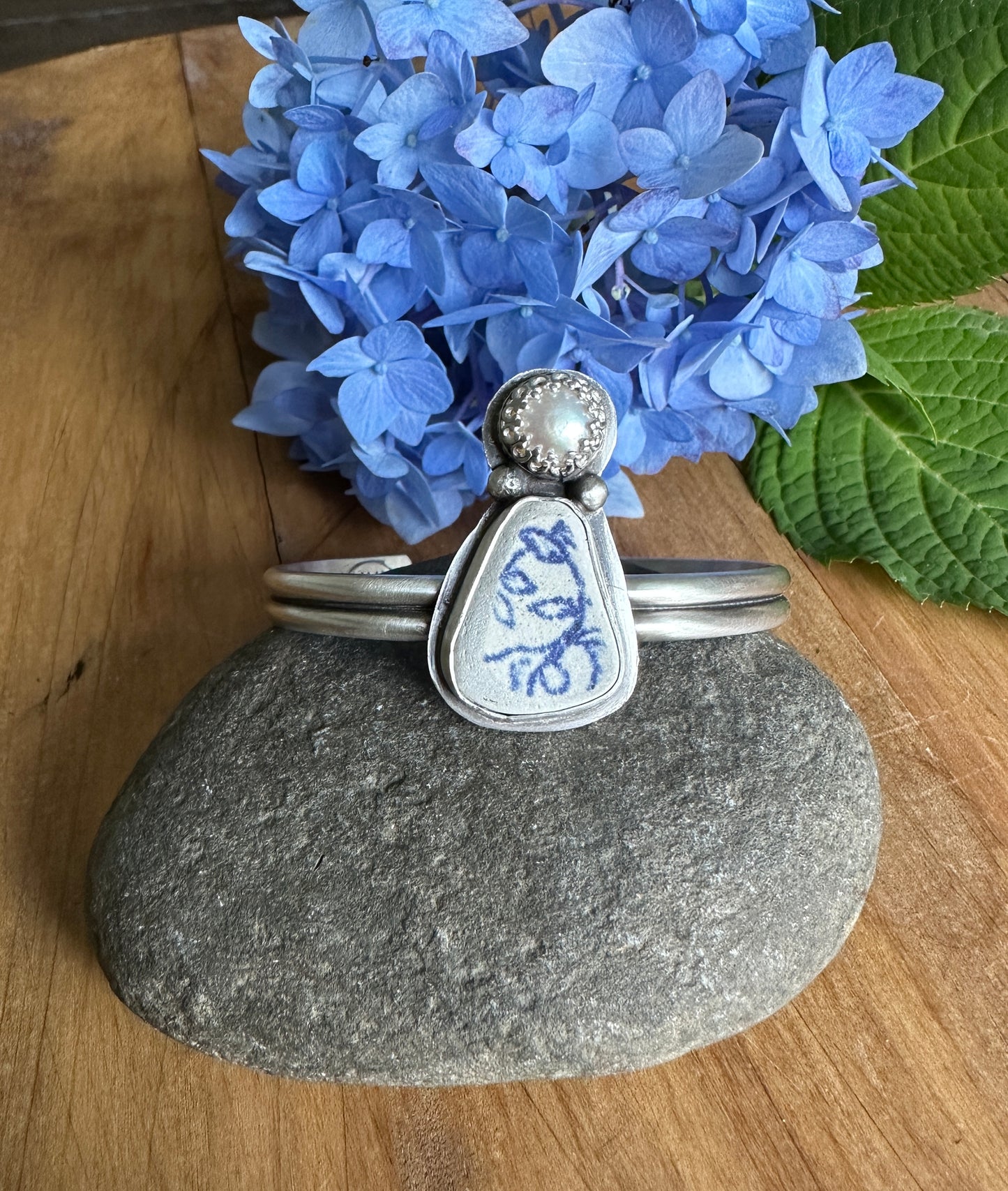 Sea Pottery and Freshwater Pearl Cuff Bracelet