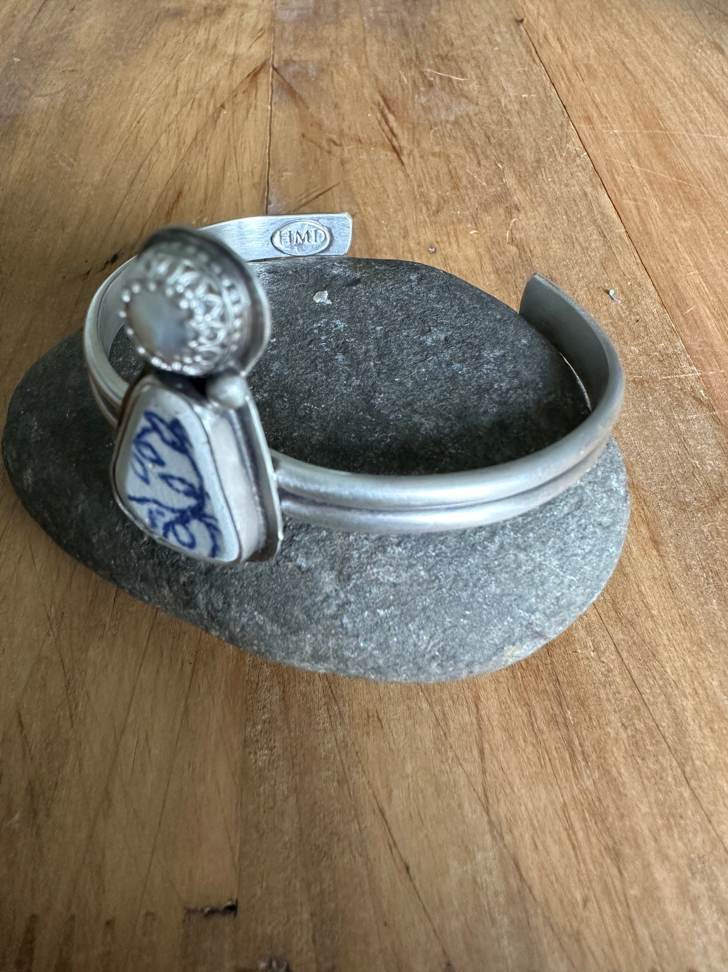 Sea Pottery and Freshwater Pearl Cuff Bracelet