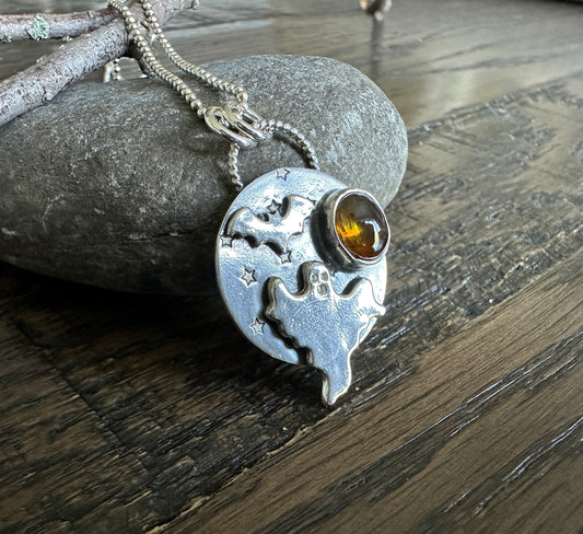 Ghost and Bat Necklace with Citrine Stone