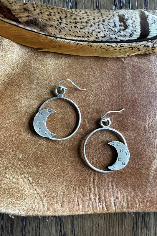 Sterling Silver Circle Moon and Star Earrings