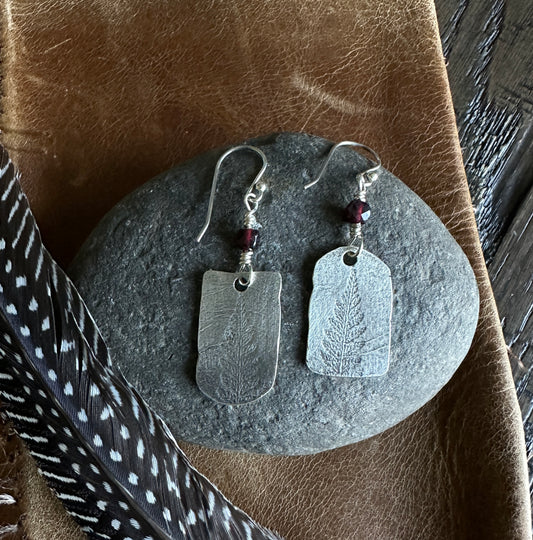 Sterling Silver Fern and Garnet Earrings